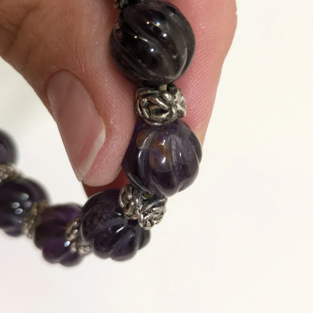 Carved Purple Melon Bead Stretch Bracelet Silver Tone Rose Floral Gemstone Boho
